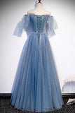 Simple Blue A-line Off the Shoulder Long Prom HZ0307
