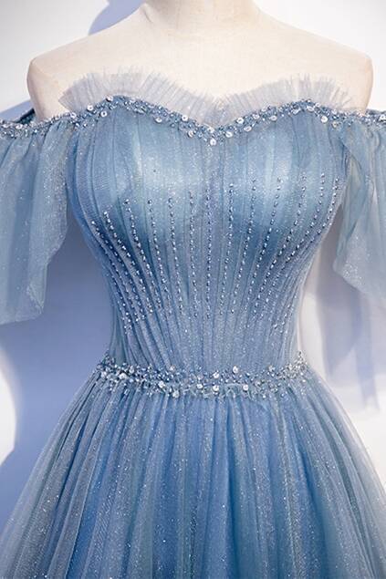 Simple Blue A-line Off the Shoulder Long Prom HZ0307