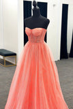 Strapless Coral A-line Long Formal HZ0307
