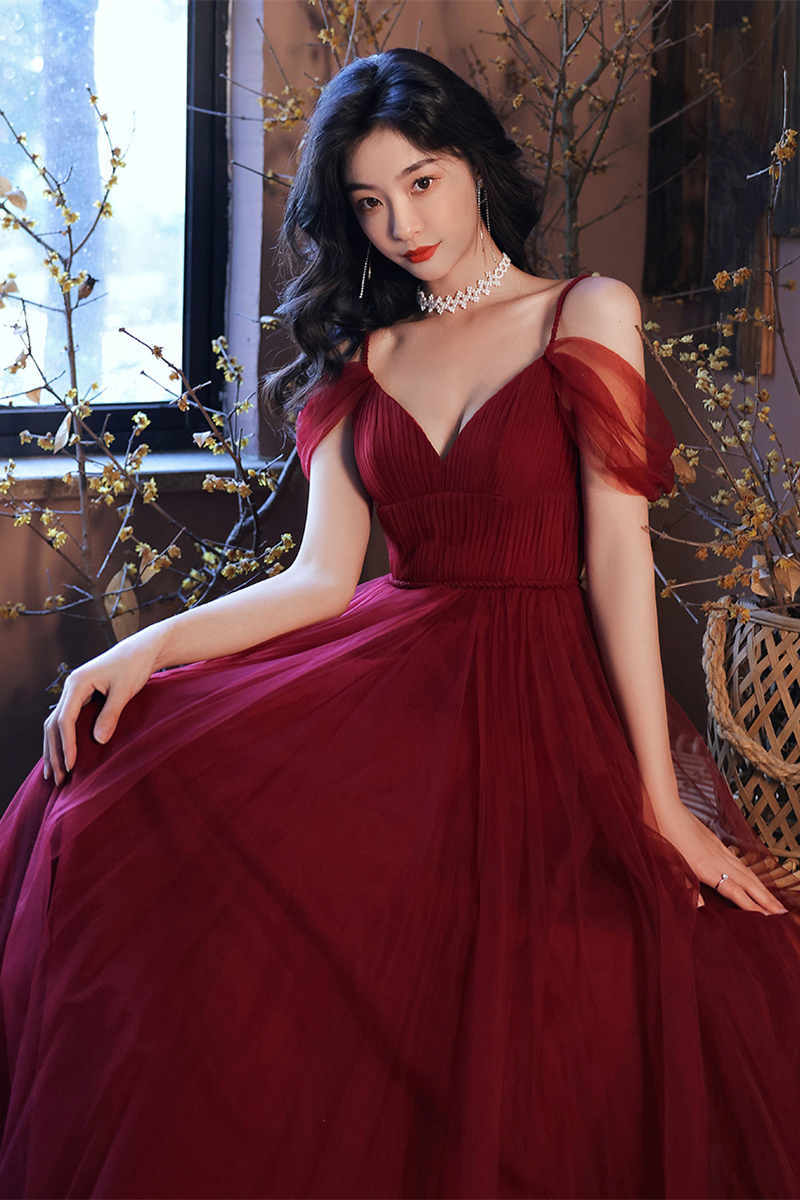 Straps A-line Burgundy Tulle Long Evening HZ0307