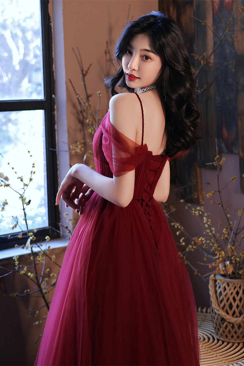 Straps A-line Burgundy Tulle Long Evening HZ0307