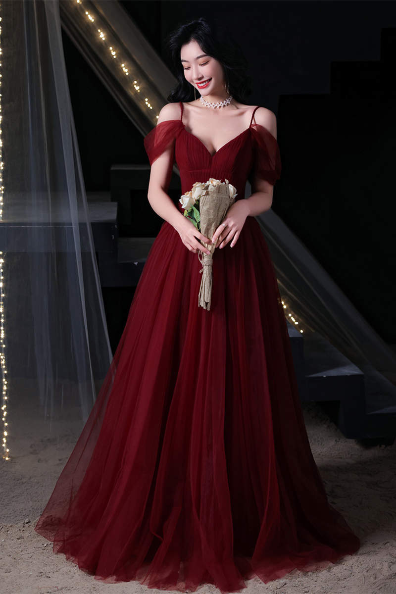 Straps A-line Burgundy Tulle Long Evening HZ0307