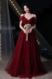 Straps A-line Burgundy Tulle Long Evening HZ0307