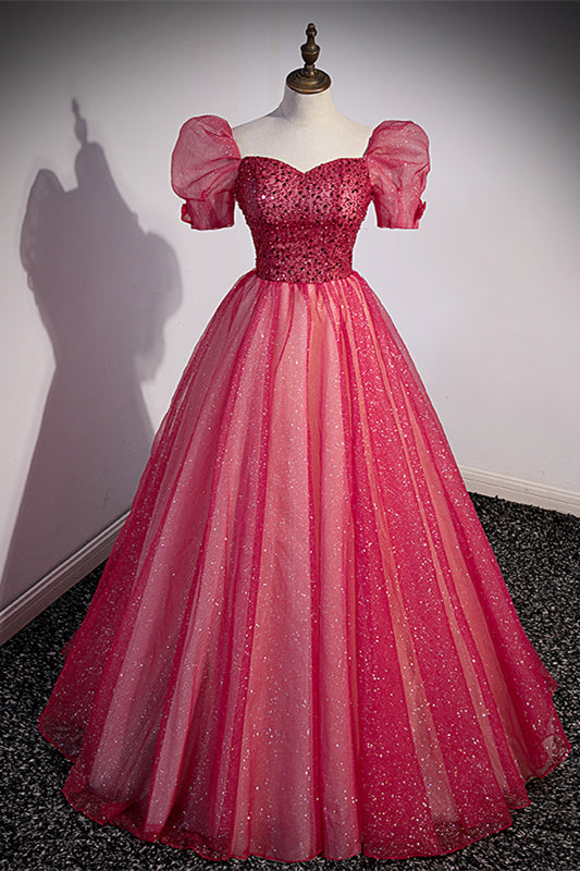Short Sleeves Red Beaded A-line Long Formal HZ0307