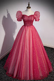 Short Sleeves Red Beaded A-line Long Formal HZ0307