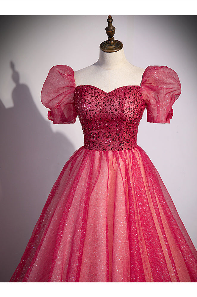 Short Sleeves Red Beaded A-line Long Formal HZ0307