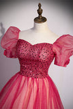 Short Sleeves Red Beaded A-line Long Formal HZ0307