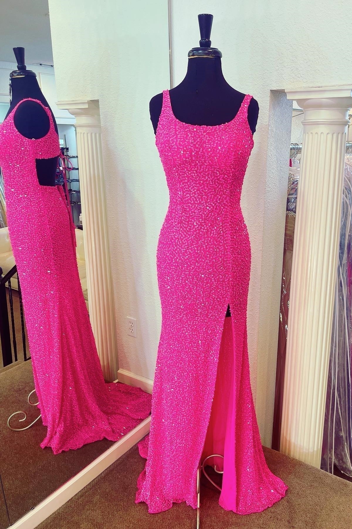 Glitters Hot Pink Mermaid Scoop Long Prom Dress with HZ0307