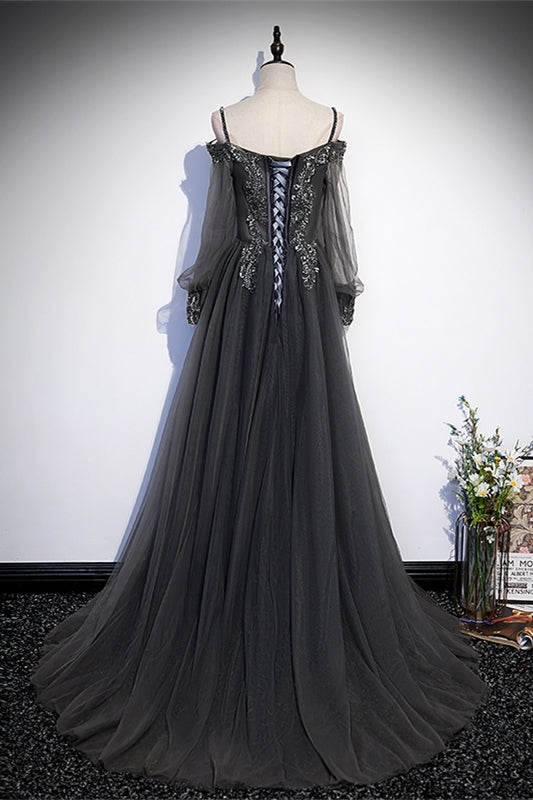 Grey Tulle A-line Long Formal Dress with Long HZ0307
