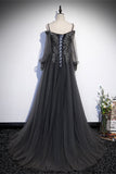 Grey Tulle A-line Long Formal Dress with Long HZ0307