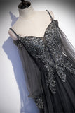 Grey Tulle A-line Long Formal Dress with Long HZ0307