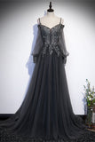 Grey Tulle A-line Long Formal Dress with Long HZ0307