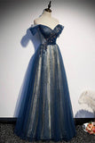 Off the Shoulder Navy Blue Tulle Formal HZ0307