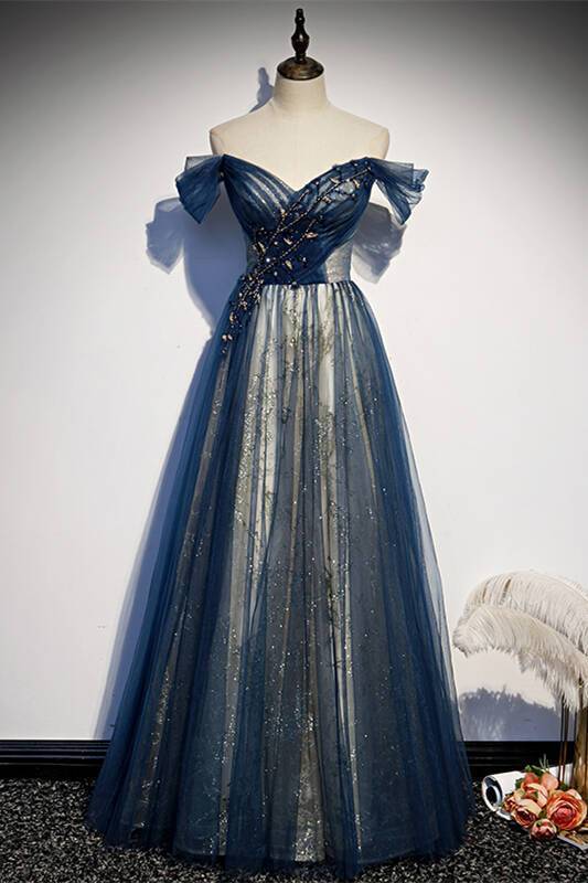 Off the Shoulder Navy Blue Tulle Formal HZ0307