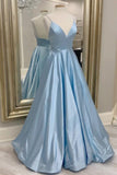 Simple Light Blue A-line Long Prom HZ0307