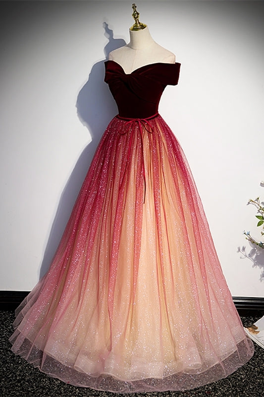 Off the Shoulder Wine Red Long Prom HZ0307