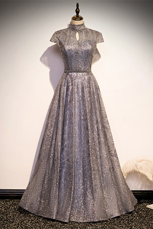 Elegant High Neck Grey Sequined Long Evening HZ0307