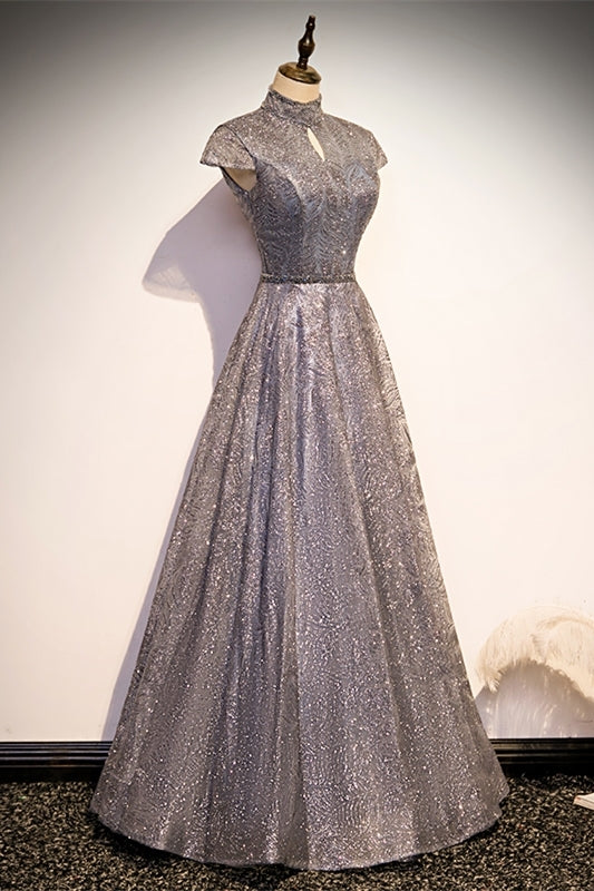 Elegant High Neck Grey Sequined Long Evening HZ0307
