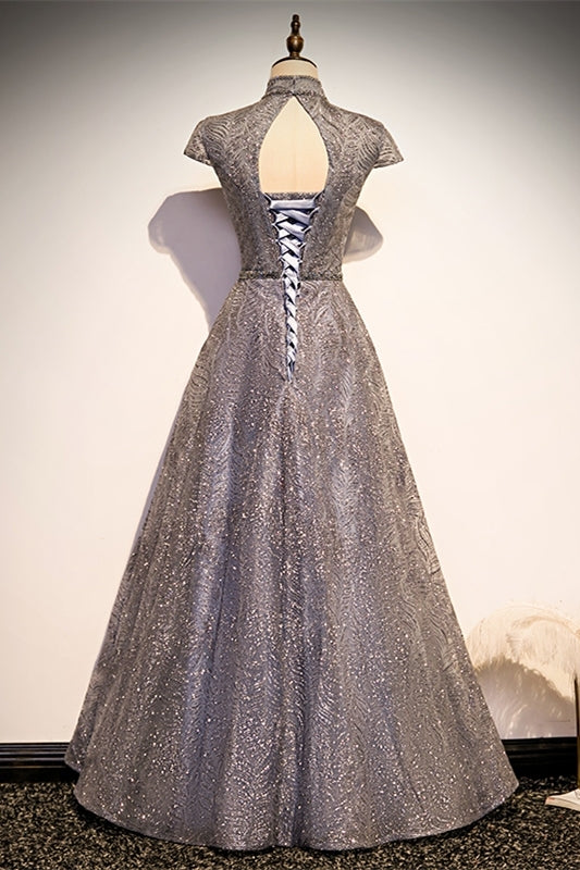 Elegant High Neck Grey Sequined Long Evening HZ0307