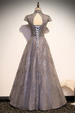 Elegant High Neck Grey Sequined Long Evening HZ0307