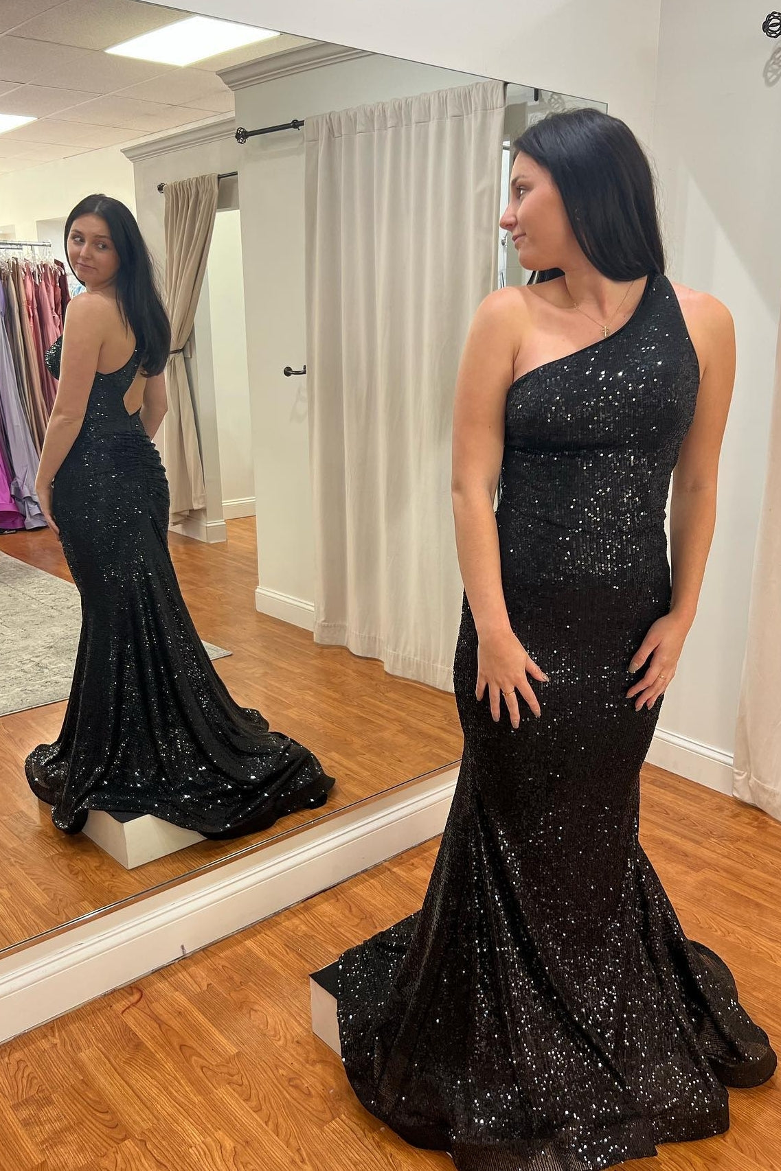 Black Sequin One Shoulder Mermaid Long Formal HZ0307