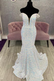 White Sequin Off the Shoulder Mermaid Long Formal HZ0307