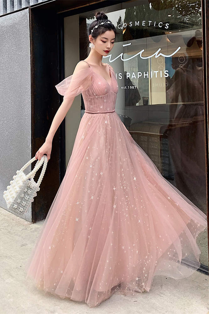 Straps A-line Blush Pink Tulle Long Party HZ0307