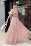 Straps A-line Blush Pink Tulle Long Party HZ0307