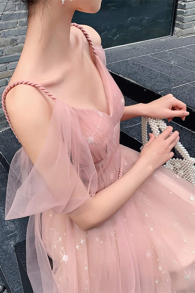 Straps A-line Blush Pink Tulle Long Party HZ0307