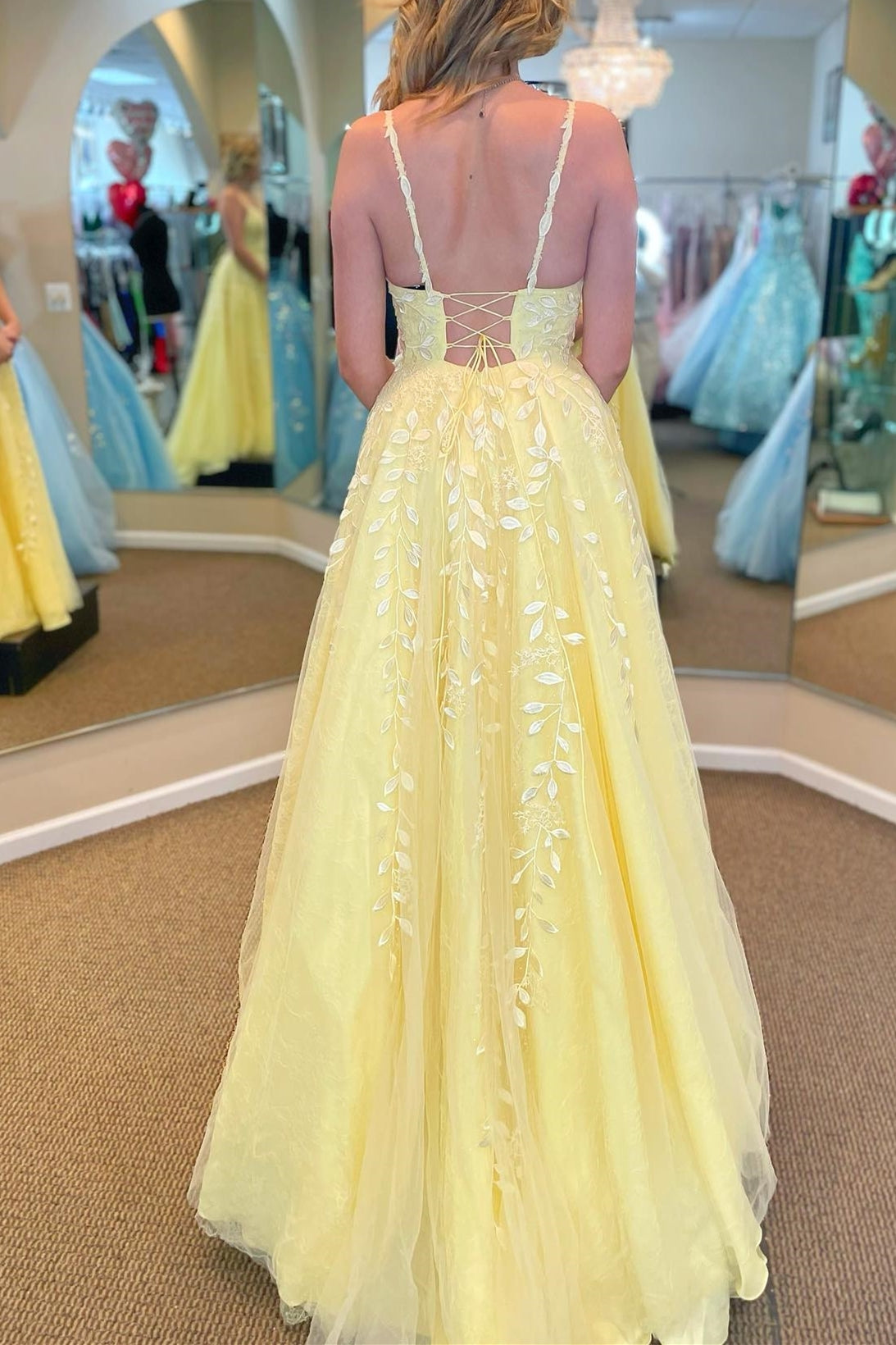 Princess Yellow Lace Appliques A-line Long Formal HZ0307
