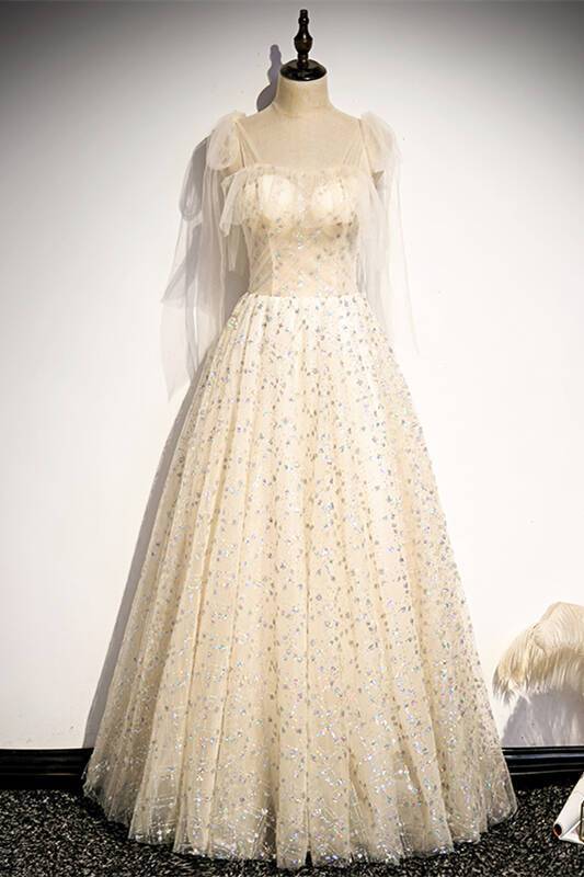 Sparkle Champagne Long Formal Dress with Tie HZ0307