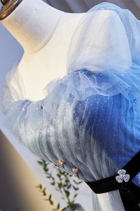 Cap Sleeves Blue A-line Tulle Long Formal HZ0307