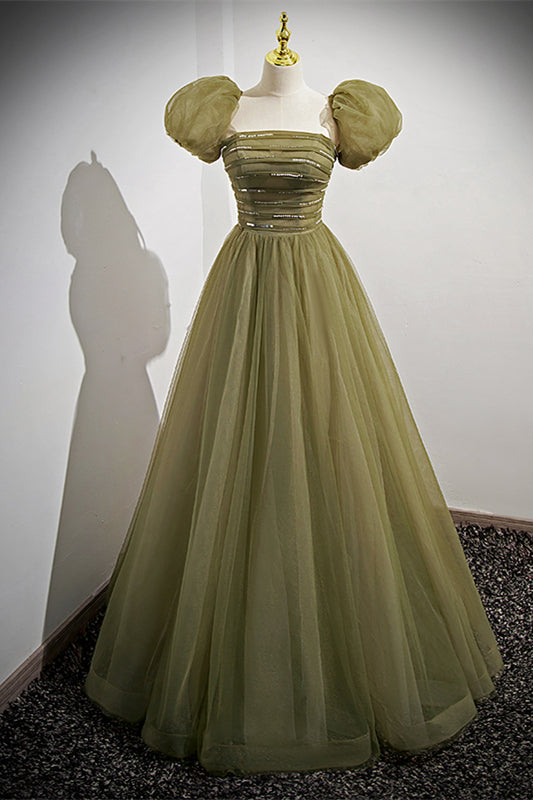 Strapless Green Tulle A-line Long Formal HZ0307