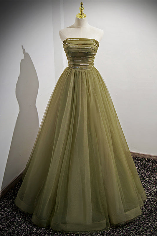 Strapless Green Tulle A-line Long Formal HZ0307