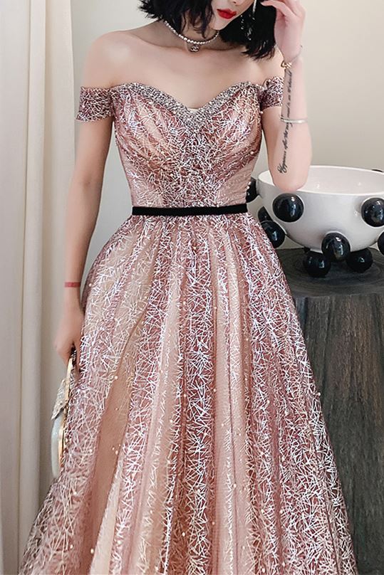 Stunning Off the Shoulder Champagne Long Formal HZ0307
