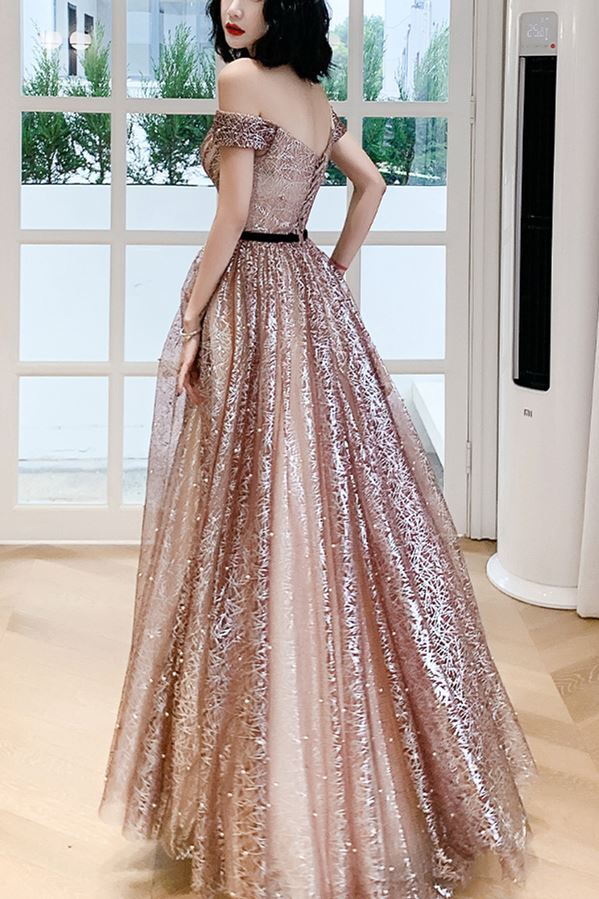 Stunning Off the Shoulder Champagne Long Formal HZ0307