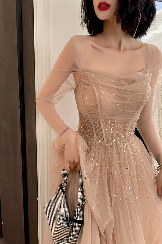 Nude Long Sleeves Tulle and Sequins Long Prom HZ0307