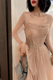 Nude Long Sleeves Tulle and Sequins Long Prom HZ0307