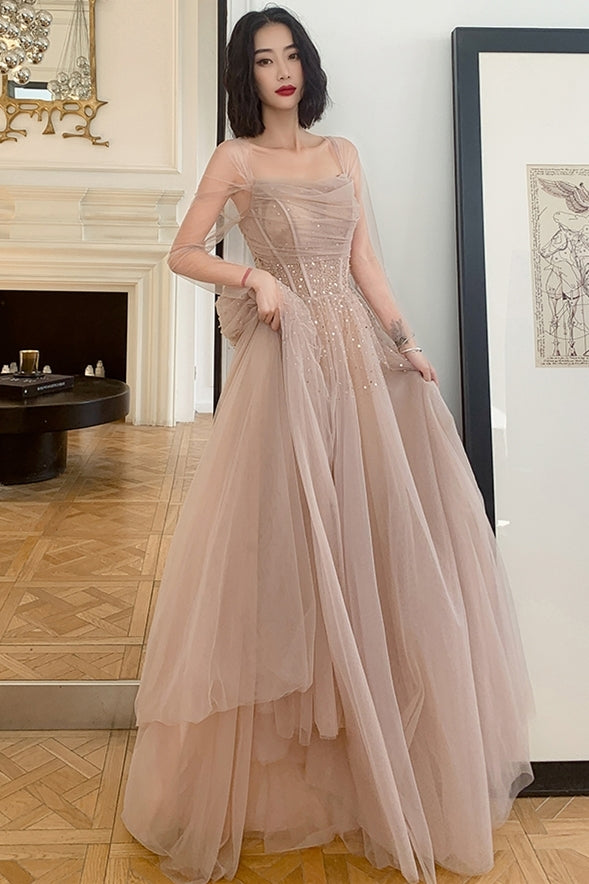 Nude Long Sleeves Tulle and Sequins Long Prom HZ0307