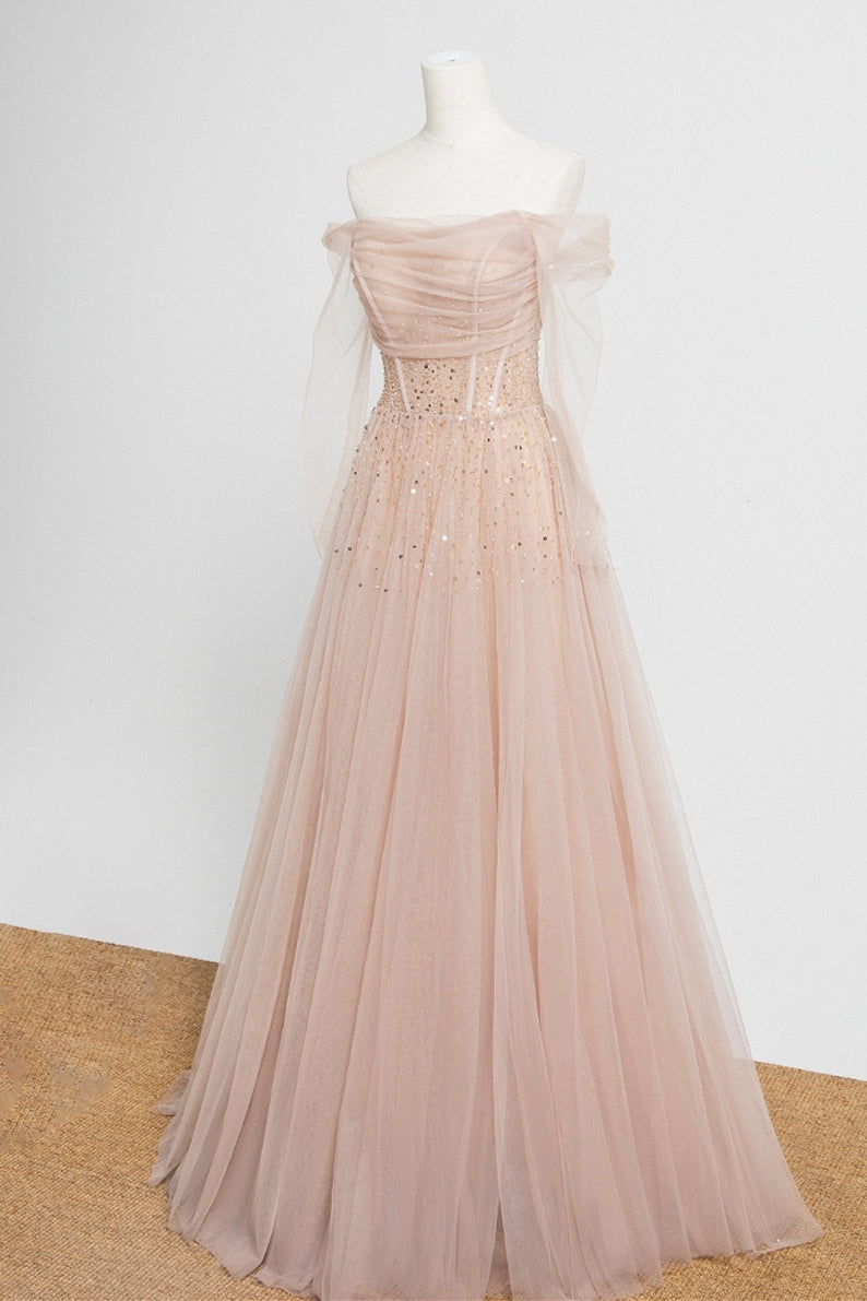 Nude Long Sleeves Tulle and Sequins Long Prom HZ0307