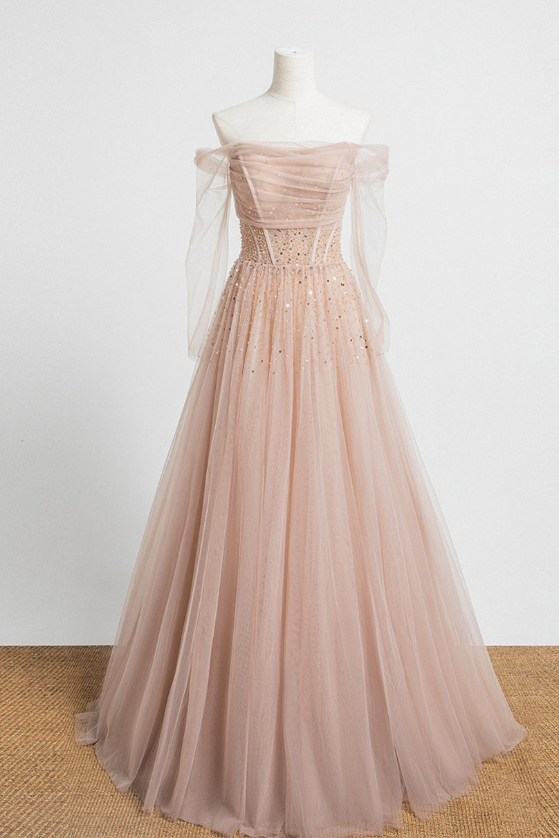 Nude Long Sleeves Tulle and Sequins Long Prom HZ0307