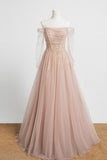 Nude Long Sleeves Tulle and Sequins Long Prom HZ0307