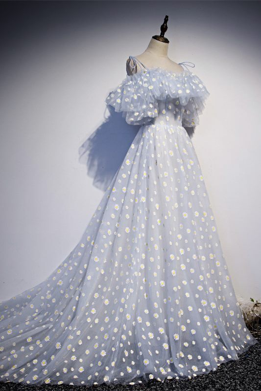 Daisy Floral A-line Long Light Blue Formal HZ0307