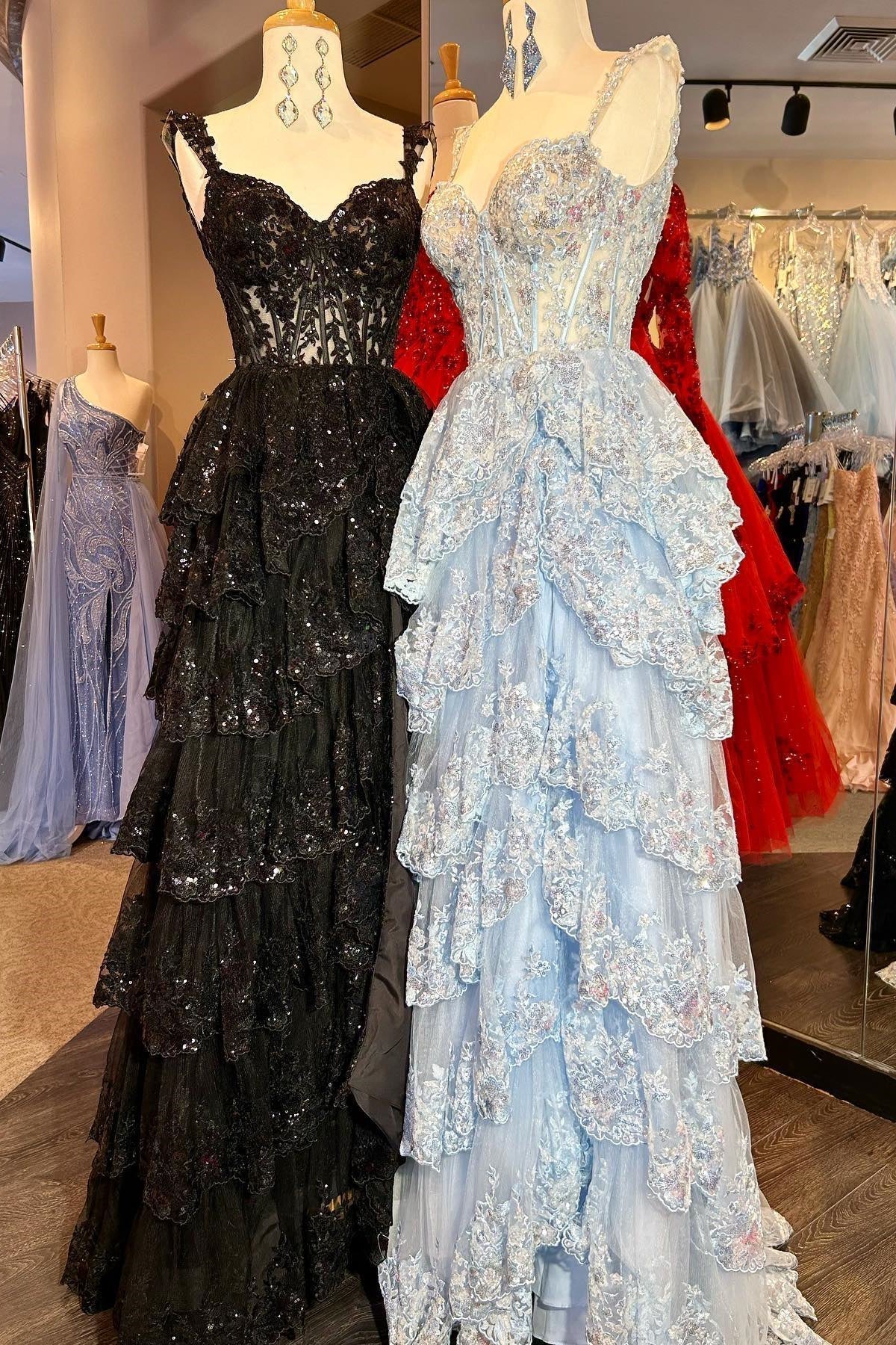 Corset Tulle Appliques Tiered Ruffle Long Prom Dress with HZ0307