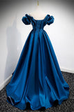 Blue Off the Shoulder A-line Satin Long Formal HZ0307