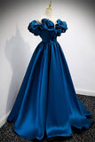 Blue Off the Shoulder A-line Satin Long Formal HZ0307