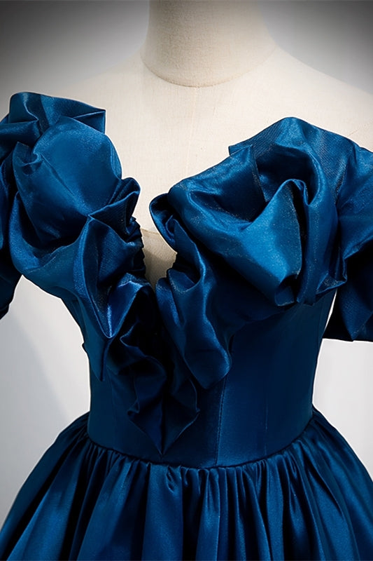 Blue Off the Shoulder A-line Satin Long Formal HZ0307