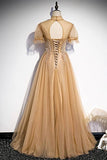 Short Sleeves Champagne Long Party Dress with High HZ0307