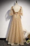 Champagne A-line Tulle Long Formal Dress with Short Bell HZ0307