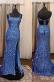 Mermaid Blue Sequins Square Neck Long Prom HZ0307